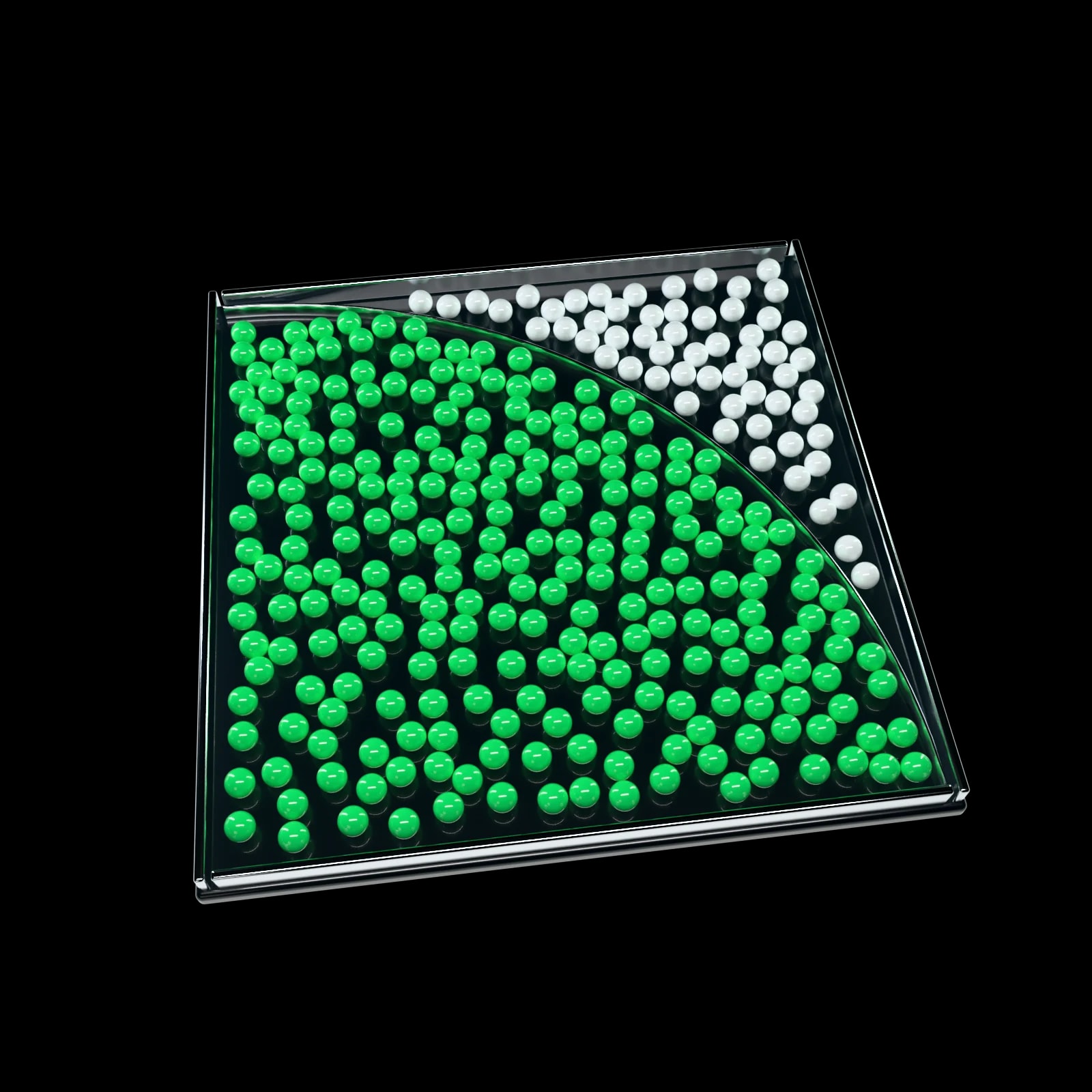 Balls dropped at random into a square tray split by a quarter circle: green inside the circle, white outside