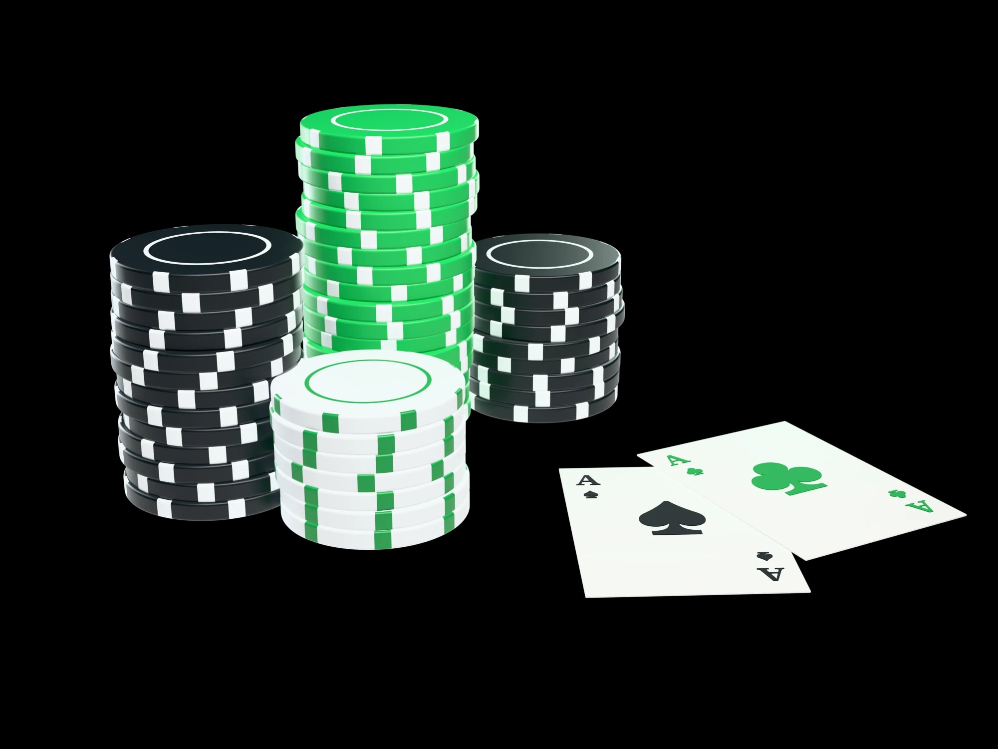 Stacks of black, green and white poker chips beside a pair of aces