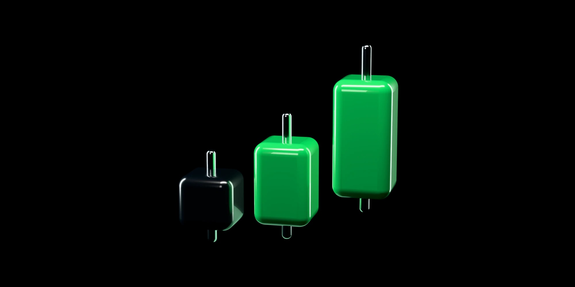 Three toy-like candlesticks stepping up: a small black one, then two taller green ones
