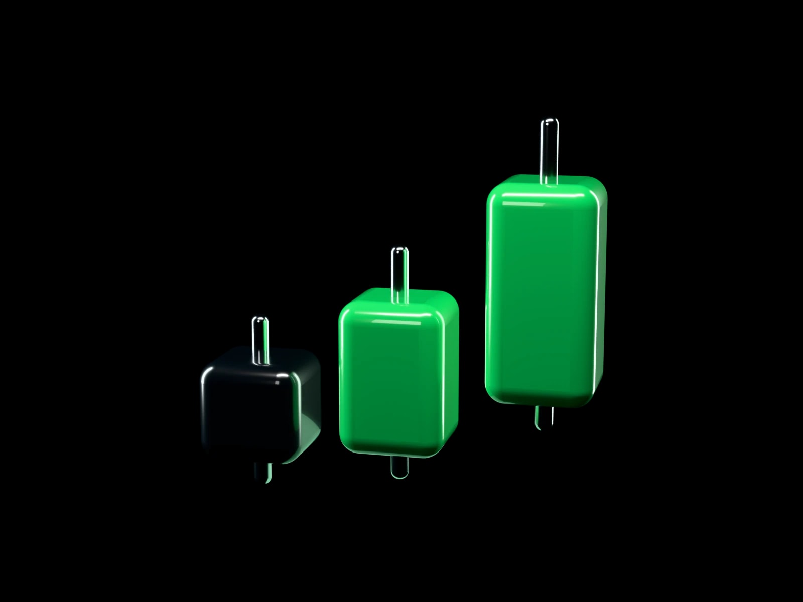 Three toy-like candlesticks stepping up: a small black one, then two taller green ones